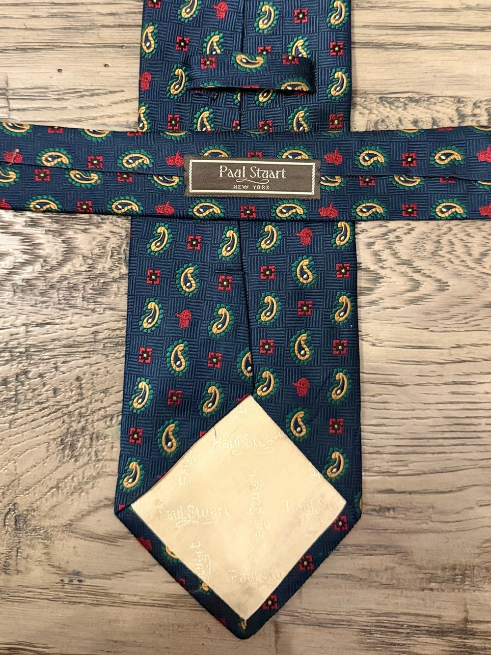 Paul Stuart Navy Silk Paisley Tie with Red and Yellow Accents